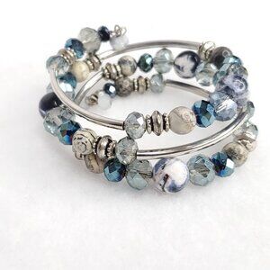 Vintage Beaded Wrap Bracelet Blue Gray Silver Tone Stone Glass 6.5"